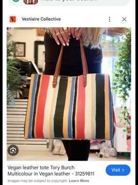 Tory Burch Multicolor Striped Tote with Brown Handles